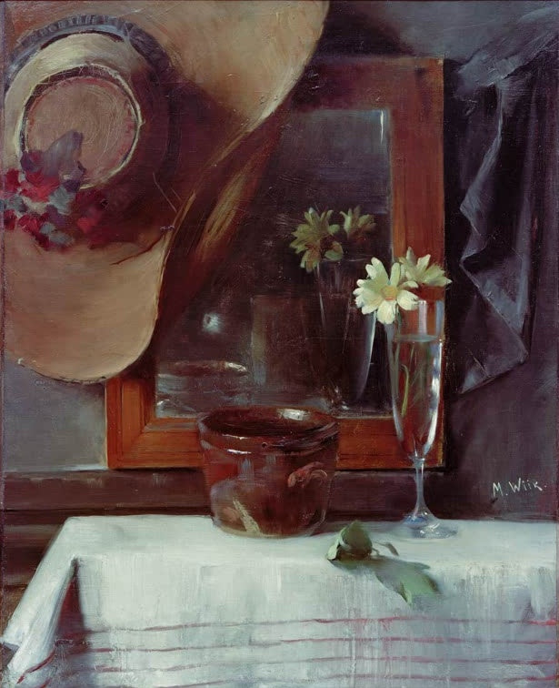 Maria Wiik Aus einem stillen Winkel Kunstkopie, Stillleben mit Strohhut, Spiegel, Margeriten im Glas und Tonschale