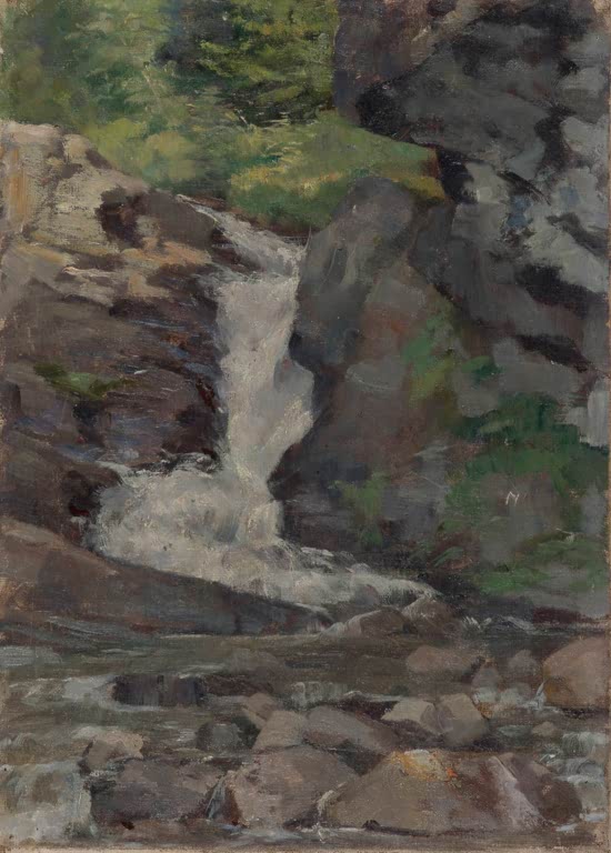 Maria Wiik Bach zwischen den Felsen Kunstkopie, weißer Wasserfall zwischen grauen Felsen und grünem Bewuchs in Öl