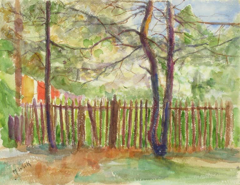 Maria Wiik Bäume und ein Zaun Kunstkopie, Lattenzaun und violett getönte Baumstämme vor grünem Laub im Aquarell