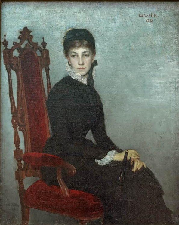 Maria Wiik Bildnis Hilda Wiik 1881 Kunstkopie, junge Frau in schwarzem Kleid mit Spitzenkragen auf rotem Stuhl