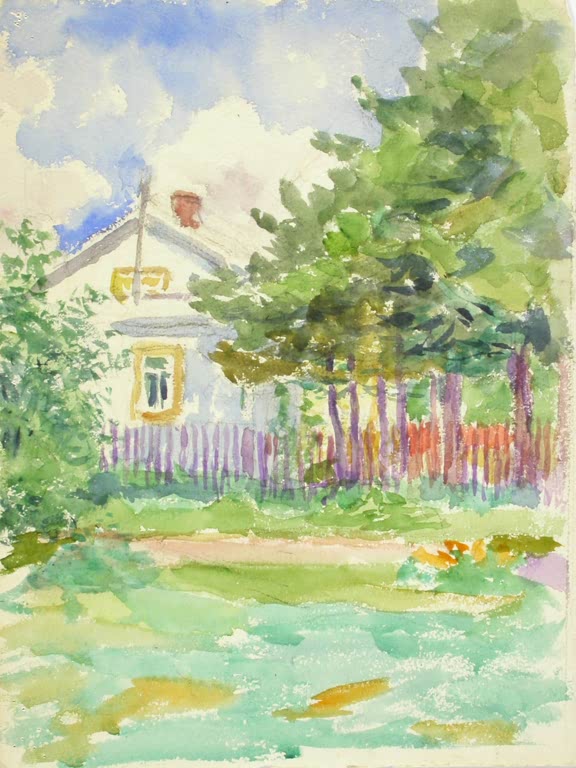 Maria Wiik Das Ende des weißen Hauses hinter dem Zaun Kunstkopie, Aquarell mit Holzhaus, Lattenzaun und grünen Bäumen