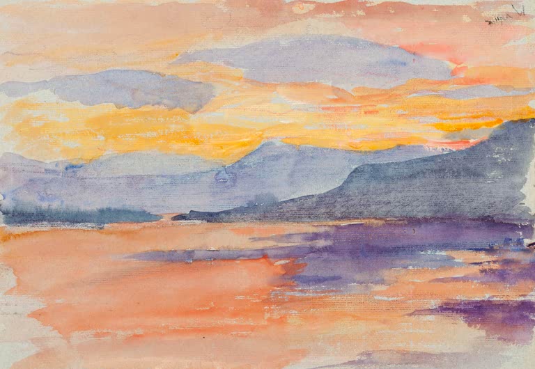 Maria Wiik Fjälllandschaft in der Abenddämmerung Kunstkopie, orange Abendhimmel über violetten Bergen und Wasser