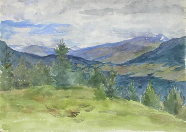 Maria Wiik Fjälllandschaft mit Wiesenhang Kunstkopie, grüner Hang mit Tannen vor blauen Bergen und bewölktem Himmel