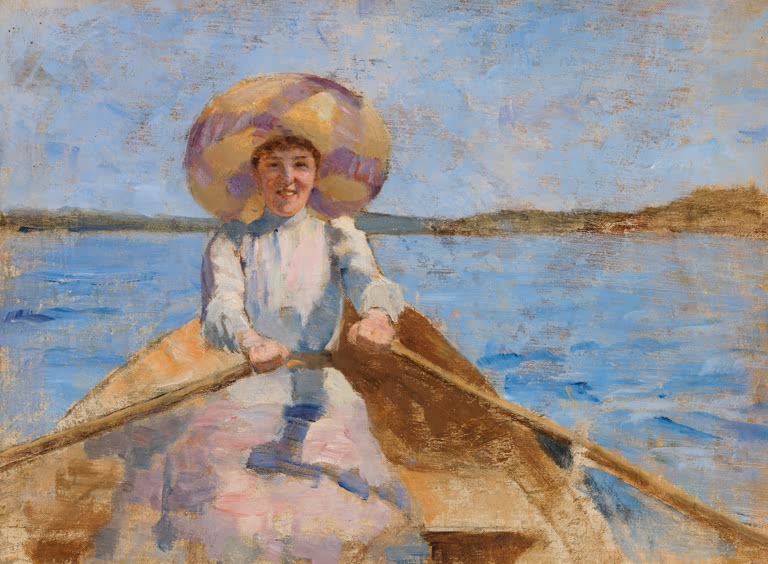 Maria Wiik Frau beim Rudern Kunstkopie, lachende Frau mit großem Sommerhut in einem Ruderboot auf blauem See