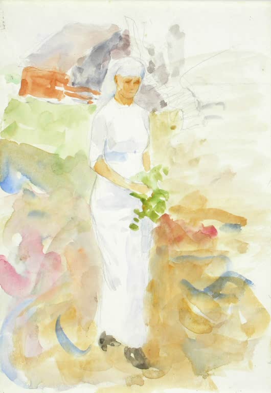 Maria Wiik Frau in Weiß im Garten Kunstkopie, stehende Frau mit weißem Kleid und Kopftuch vor lockeren Farbflächen