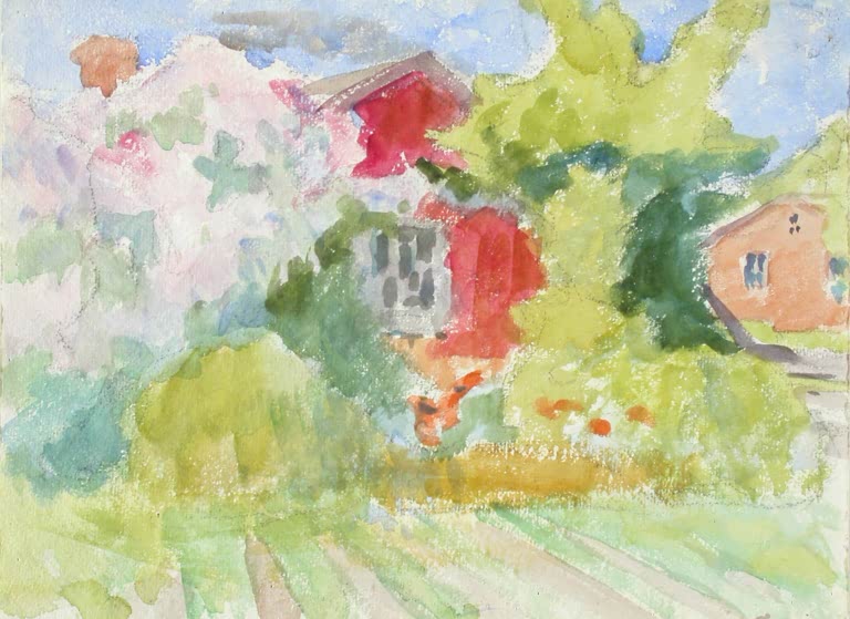 Maria Wiik Gebäude zwischen Bäumen, Felder im Vordergrund Kunstkopie, rote Hausfassaden hinter hellgrünem Laub im Aquarell