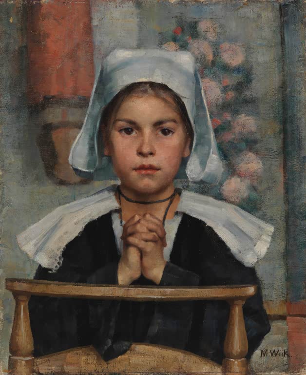 Maria Wiik In der Kirche Kunstkopie, betendes Mädchen mit weißer Haube und gefalteten Händen an einer Holzbank