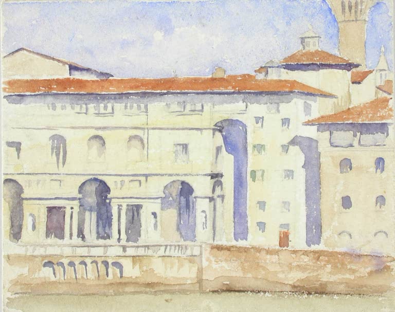 Maria Wiik Italienische Gebäude Kunstkopie, Aquarell mit hellen Palazzi, Bögen und orangeroten Dächern unter blauem Himmel