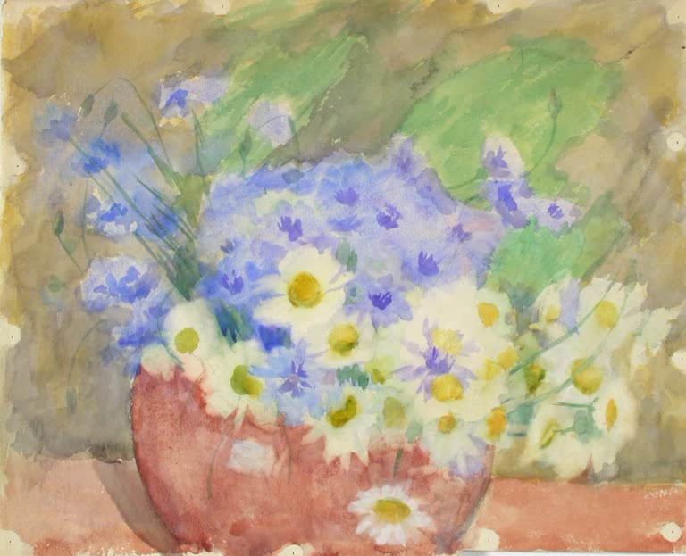 Maria Wiik Kornblumen und Margeriten in einer Vase Kunstkopie, blaue Kornblumen und weiße Margeriten in roter Schale