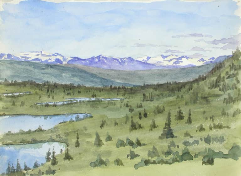 Maria Wiik Landschaftsstudie aus Norwegen Kunstkopie, grüne Hochebene mit kleinen Seen vor schneebedeckten blauen Bergen