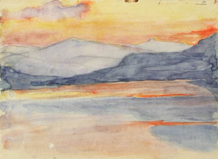 Maria Wiik Landschaftsstudie, Fjäll bei Sonnenuntergang Kunstkopie, orangeroter Abendhimmel über violetten Bergen im Aquarell