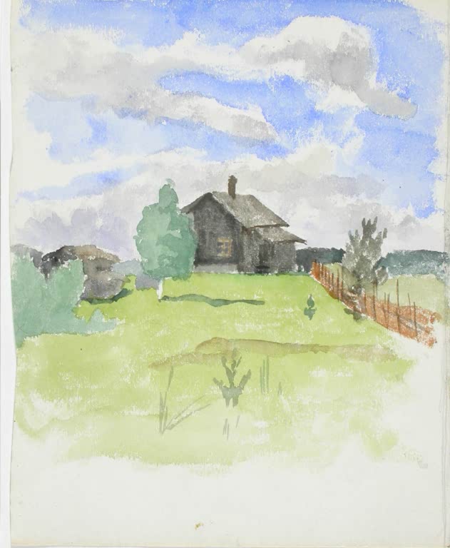 Maria Wiik Landschaftsstudie mit Landhaus Kunstkopie, graues Holzhaus auf grüner Wiese unter Wolkenhimmel im Aquarell