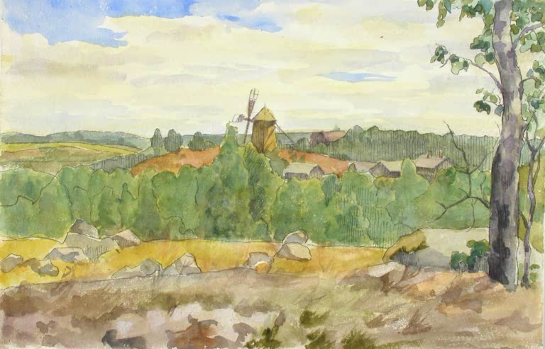 Maria Wiik Landschaftsstudie mit Windmühle Kunstkopie, grüne Hügel, Gehöfte und kleine Windmühle unter sommerlichem Himmel