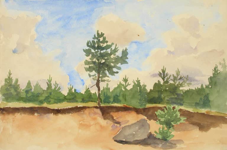 Maria Wiik Landschaftsstudie, Sandgrube Kunstkopie, einzelne Kiefer über sandiger Abbruchkante unter Wolkenhimmel