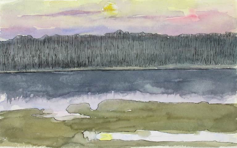 Maria Wiik Landschaftsstudie, Sonne über dem Waldufer Kunstkopie, dunkler Waldsaum, Wasser und Abendhimmel im Aquarell