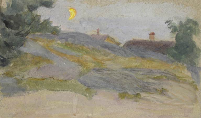 Maria Wiik Landschaftsstudie Kunstkopie, Aquarell mit gelber Mondsichel über grauen Felsen und rotbraunen Dächern