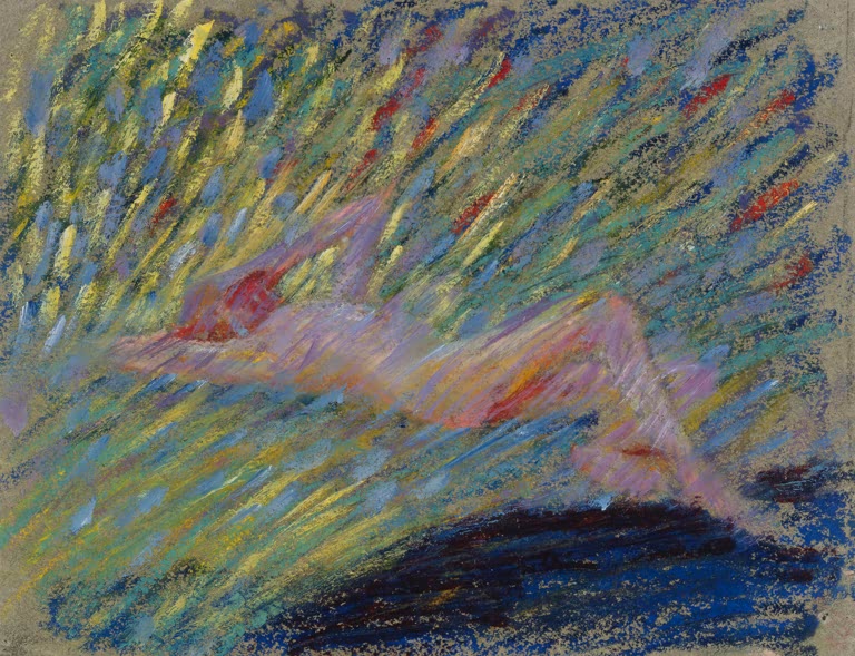 Maria Wiik Liegendes weibliches Aktmodell Kunstkopie, rosafarbener Akt in flirrenden gelben, blauen und grünen Strichen