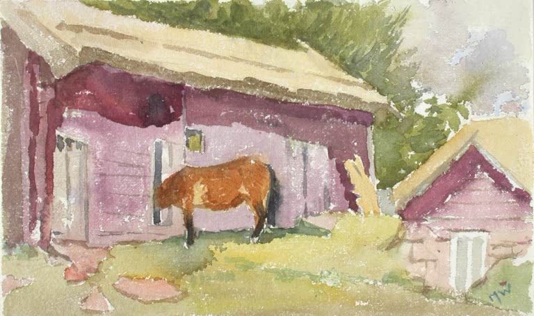 Maria Wiik Pferd am Schuppen Kunstkopie, braunes Pferd vor einem rosafarbenen Holzschuppen mit Grasdach im Aquarell