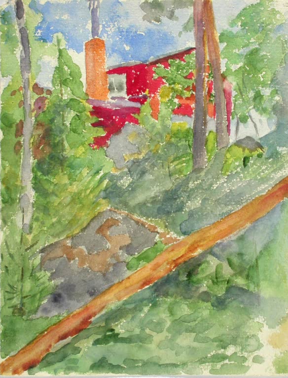 Maria Wiik Rotes Gebäude auf einem Felsen zwischen Bäumen Kunstkopie, rotes Haus mit Schornstein hinter grünem Gebüsch