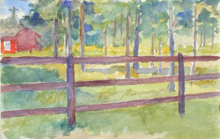 Maria Wiik Rotes Haus im Wald hinter dem Zaun Kunstkopie, violetter Holzzaun vor Bäumen und rotem Haus im Aquarell