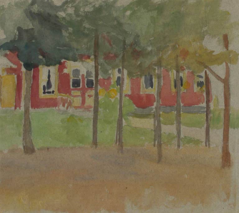 Maria Wiik Rotes Haus zwischen den Bäumen Kunstkopie, rotes Holzhaus mit gelben Fenstern hinter schlanken Baumstämmen