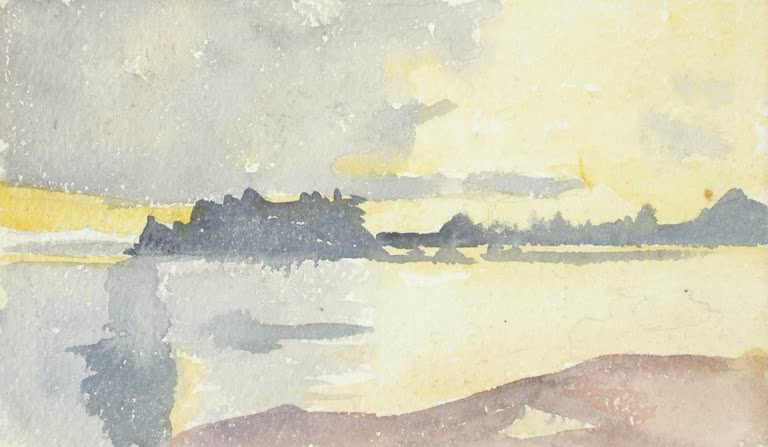 Maria Wiik Seeblick Kunstkopie, Aquarell mit grauen Inseln und gelbem Himmel über stillem Wasser