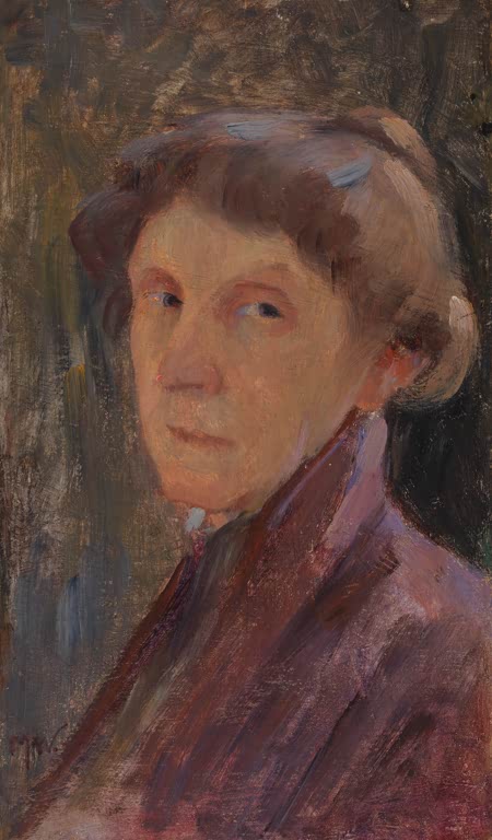 Maria Wiik Selbstbildnis, 1903 Kunstkopie, Brustbild einer Frau im Halbprofil mit braunem Haar und violettem Kragen in Öl