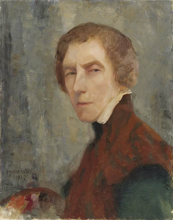 Maria Wiik Selbstbildnis 1917 Kunstkopie, Künstlerin im roten Umhang mit Palette vor grau gemaltem Hintergrund