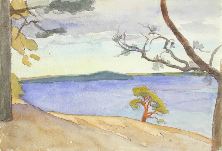 Maria Wiik Uferlandschaft Kunstkopie, blauer See mit sandfarbenem Felsufer, junger Kiefer und Baumzweigen im Aquarell