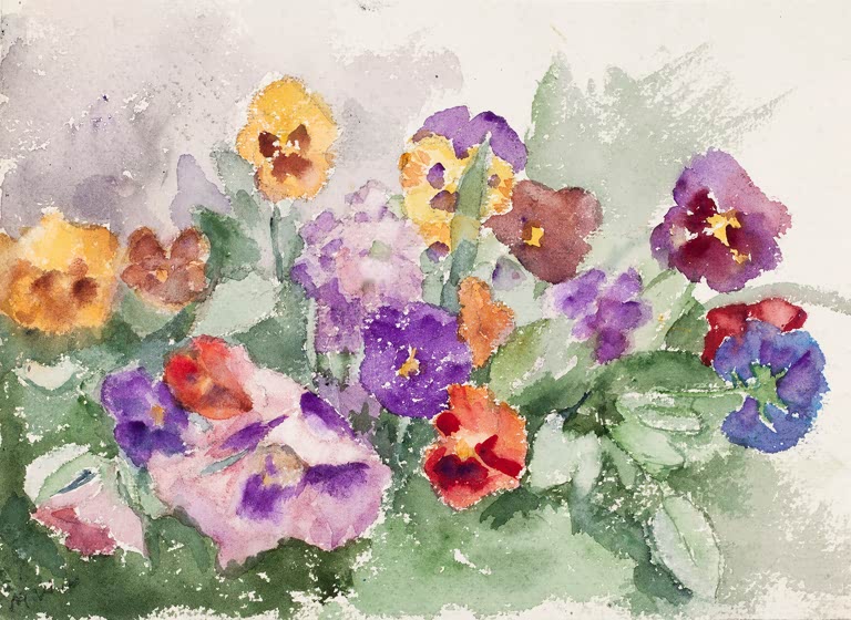 Maria Wiik Veilchen Kunstkopie, violette, gelbe und rote Blüten zwischen grünen Blättern auf hellem Aquarellgrund