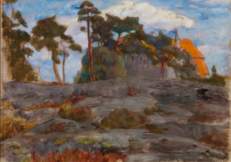 Maria Wiik Villa zwischen Kiefern Kunstkopie, Haus mit orangefarbenem Dach hinter Kiefern auf felsigem Hügel