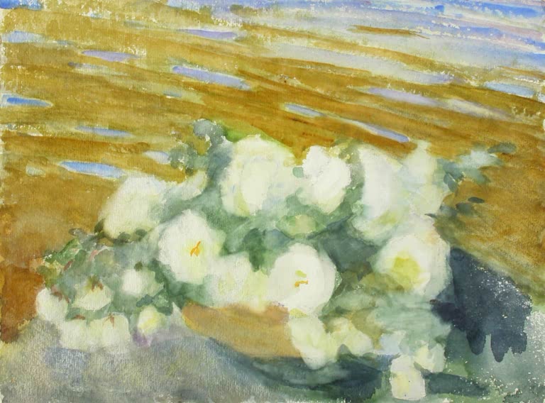 Maria Wiik Weiße Rosen in einer Vase Kunstkopie, cremeweiße Rosenblüten vor ockerfarbenem Grund im Aquarell