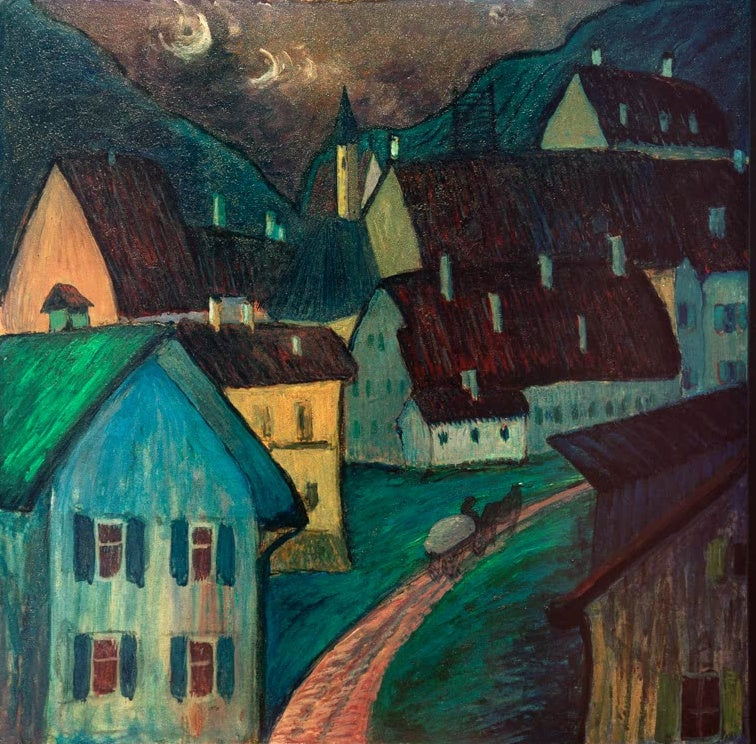 Marianne von Werefkin Abend in Murnau Kunstkopie, Häuser mit dunklen Dächern, Kirchturm und rosa Weg im nächtlichen Dorf