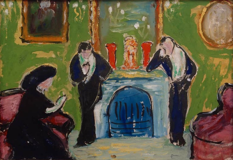 Marianne von Werefkin Am Kamin Kunstkopie, zwei Herren und eine Dame mit Hut am blauen Kamin vor grüner Wand