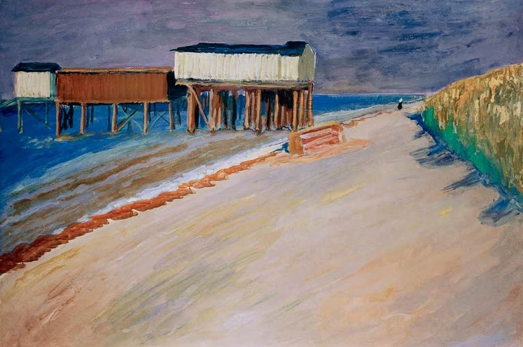 Marianne von Werefkin Badehaus Kunstkopie, Badehäuser auf Stelzen am Strand, blaues Wasser und grauvioletter Himmel