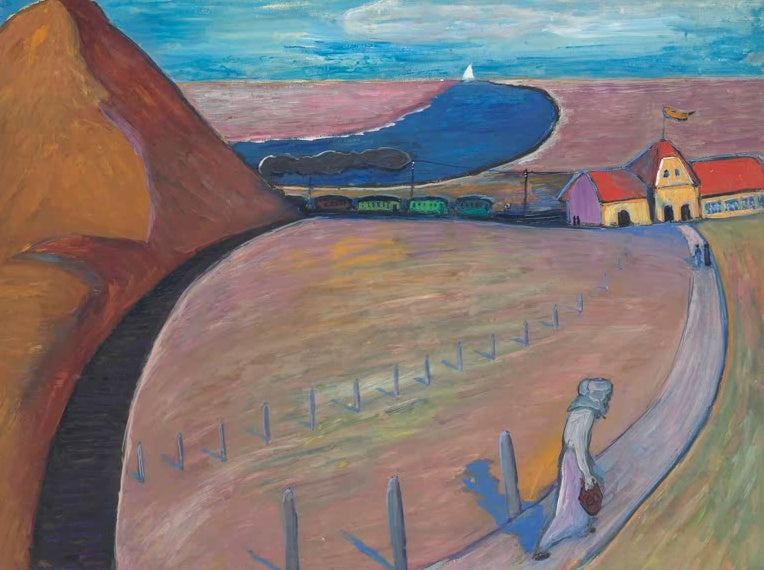 Marianne von Werefkin Bahnhof Prerow Kunstkopie, Zug am Bahnhof vor einer blauen Bucht hinter einem rotbraunen Dünenhügel