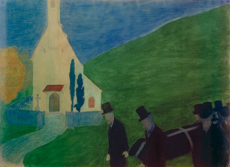 Marianne von Werefkin Begräbnis Kunstkopie, Männer in Zylindern tragen einen Sarg vor einer weißen Kirche und grünem Hang