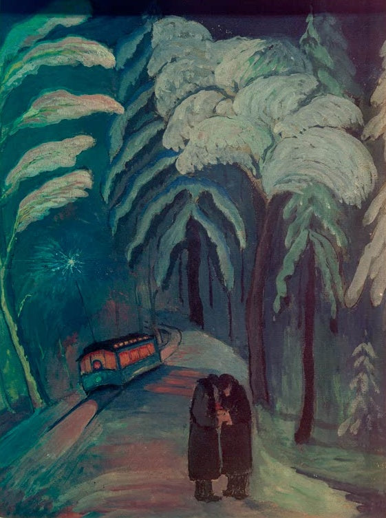 Marianne von Werefkin Blauer Funken Kunstkopie, Straßenbahn und zwei Gestalten unter verschneiten Bäumen in türkiser Nacht