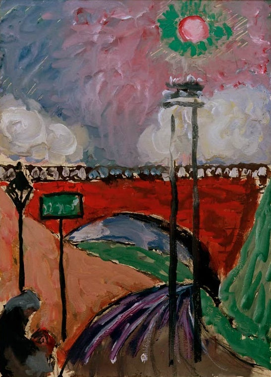 Marianne von Werefkin Brücke bei Lausanne Kunstkopie, rote Bogenbrücke mit Laternen unter rosa Himmel und grüner Sonne