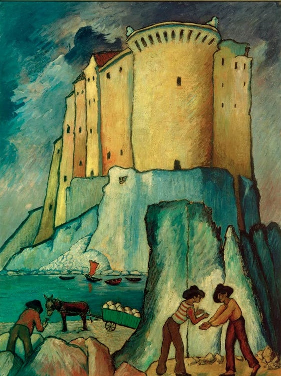 Marianne von Werefkin Burg am Mittelmeer Kunstkopie, gelber Rundturm auf türkisen Felsen über dem Meer mit Booten