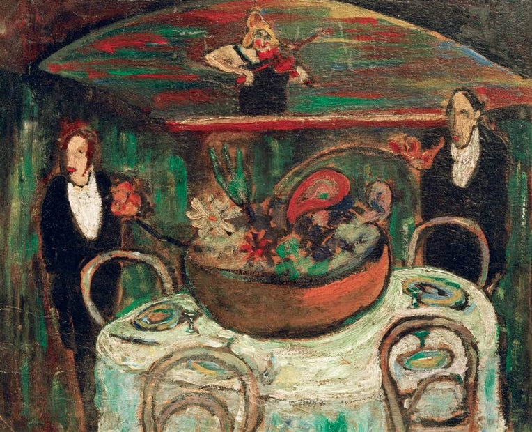 Marianne von Werefkin Chambre Séparée Kunstkopie, gedeckter Tisch mit Blumenschale, zwei Kellner und eine Geigerin
