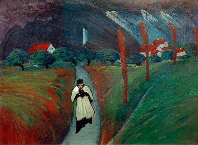 Marianne von Werefkin Corpus Christi Kunstkopie, Geistlicher in weißem Chorhemd auf einem Weg vor roten Dächern und Bergen