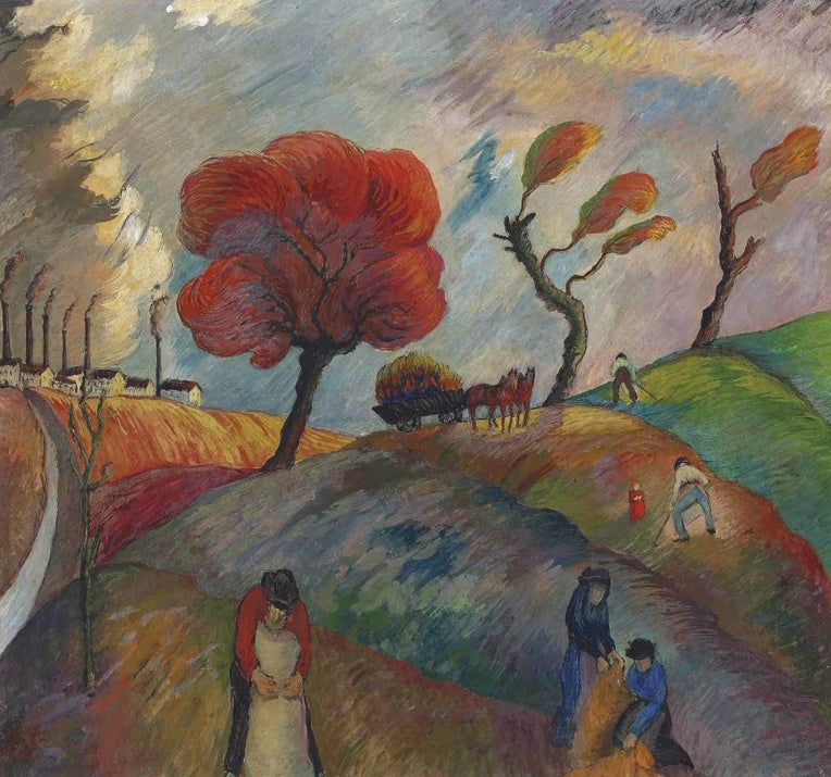 Marianne von Werefkin Der Ameisenhaufen Kunstkopie, Arbeiter und Pferdewagen auf bunten Hügeln mit rotem Baum
