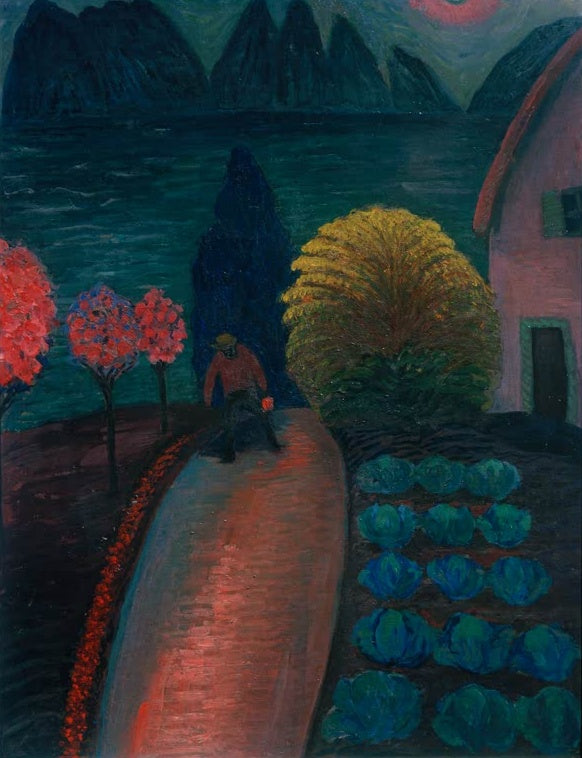 Marianne von Werefkin Der gelbe Busch Kunstkopie, Mann mit Hacke auf rosa Weg zwischen Kohlbeeten und leuchtend gelbem Busch