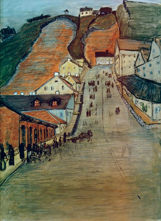 Marianne von Werefkin Der grüne Berg Kunstkopie, ansteigende Dorfstraße mit Häusern vor orangefarbenen und grünen Hängen