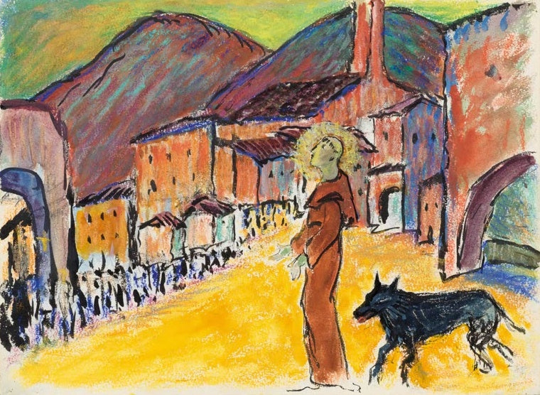 Marianne von Werefkin Der heilige Franziskus und der Wolf Kunstkopie, Franziskus und schwarzer Wolf vor bunten Häusern