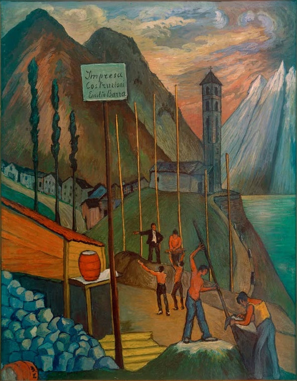 Marianne von Werefkin Der Neubau Kunstkopie, Bauarbeiter mit Hacken vor Kirchturm, Bergen und türkisfarbenem See