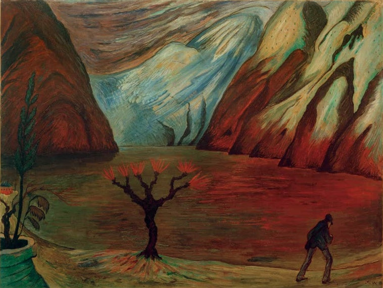 Marianne von Werefkin Der Postbote Kunstkopie, einsamer Wanderer am See vor rot und weiß leuchtenden Felswänden