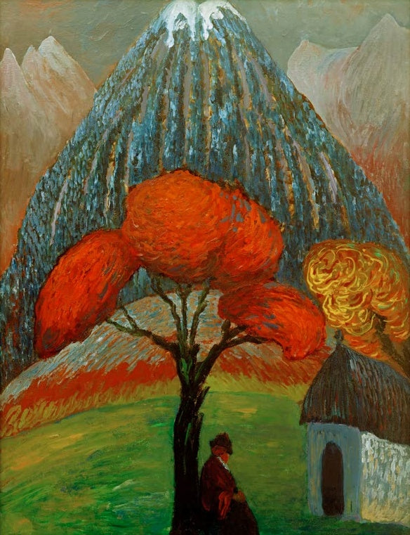 Marianne von Werefkin Der rote Baum Kunstkopie, leuchtend roter Baum und Kapelle vor einem hohen, blaugrau gestreiften Berg