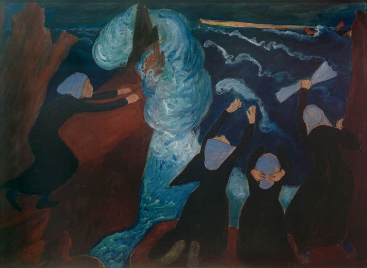 Marianne von Werefkin Der Sturm Kunstkopie, Frauen mit hellen Hauben am Felsen vor tosendem blauem Meer mit Schiffen